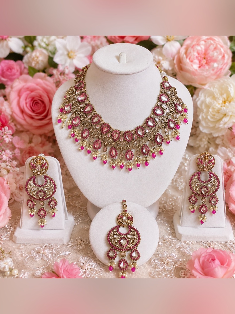 Elegant Pink and Gold Bridal Necklace Set - Brand: